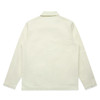 A light-coloured canvas chore jacket featuring long sleeves and a classic collar, with a logo on the back.