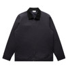 A black canvas cord collar jacket with a front zip and two side pockets, featuring a branding logo.