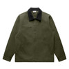 A green canvas cord collar jacket with a black collar, featuring a zip pocket. It has a simple, unbranded design.