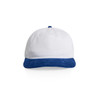 A two-tone cap featuring a white body and a blue corduroy brim, with a logo on the front.