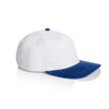 A two-tone cap featuring a white body and a blue corduroy visor, with a logo on the side.