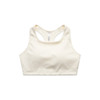 A cream-coloured sports crop top with a racerback design and a logo on the back.