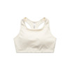 A cream-coloured crop top with a racerback design, featuring a logo.