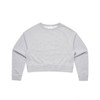 A grey cropped crew jumper with long sleeves and a ribbed hem. It features a branding logo.