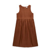 A brown linen dress with a sleeveless design and gathered waist, featuring a simple and elegant silhouette.