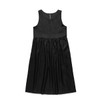 A sleeveless black linen dress with a gathered lower section and a back zip closure. It has a simple, elegant design.