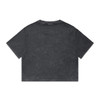 A dark stone wash heavy crop tee with short sleeves and a casual fit, featuring a branding logo.