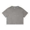 A cropped grey T-shirt with a simple design and a round neckline, featuring a branding logo.