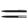 A pair of black metal pens, featuring a sleek design with a silver clip and detailing. Includes logo branding.