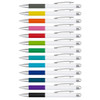 A collection of metal pens in various colours with white barrels and silver accents, featuring clips and a logo.