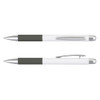 A metal pen with a white and grey design, featuring a clip and a smooth finish. It has a logo on the body.