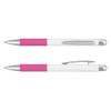 A metal pen featuring a white body with a pink grip and silver accents, including a clip and nib.