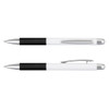 A metal pen in black and white, featuring a sleek design and a shiny silver clip. The pen has a logo on it.