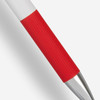 A metal pen with a red textured grip and a silver tip. The pen has a sleek white body and includes a logo.