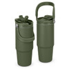 A drink bottle featuring a green exterior, a carry handle, and a lid with a spout. It includes a logo.