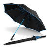 A black umbrella with a blue handle and accents. It is shown both open and in a closed position.