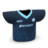 A drink can cooler designed to resemble a soccer jersey, featuring a navy blue colour with light blue accents.
