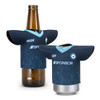 A drink bottle and a can both in navy blue jersey-style coolers with a logo and sleeve design.