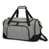 A grey duffle bag with black accents, featuring multiple zippered pockets and a detachable shoulder strap.