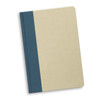 A beige notebook with a teal spine and a simple design, featuring a logo on the cover.