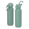 A drink bottle in a soft green hue with a screw-on lid and a sturdy handle, featuring a logo.