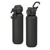 A drink bottle made from recycled aluminium in a matte black finish, featuring a screw cap and a carry handle.
