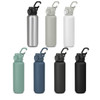 A drink bottle collection featuring recycled aluminium designs in silver, grey, white, teal, navy, and black, with a handle and logo.