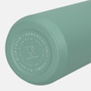 A drink bottle in a soft green colour with a smooth, rounded base featuring a logo and recycling information.