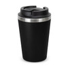 A black coffee cup with a stainless steel band and a black lid. It features a logo on the side.