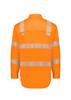 High-visibility orange men's work shirt featuring segmented reflective tape on the back. Includes a logo.