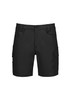 Men's essential stretch cargo shorts in black, featuring multiple pockets and a fitted design. Includes a branding logo.