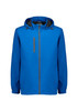 A blue unisex packable rain jacket with a zip front, hood, and a contrasting interior. Features a logo.