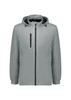 A light grey unisex packable rain jacket with a hood and front zipper, featuring a logo.