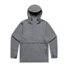 A grey Tech Windbreaker jacket featuring a hood and front pocket, with a logo on the chest.