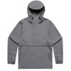 A grey windbreaker jacket with a hood and long sleeves, featuring a kangaroo pocket and a branding logo.