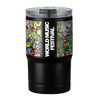 A drink bottle featuring a vacuum tumbler design with colourful festival artwork and a black base. It has a lid with a slot.