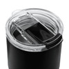 A drink bottle featuring a black exterior and a clear lid with a sliding closure. Includes a logo.