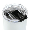 A drink bottle with a clear lid and black sliding closure, featuring a sleek white body. Includes a logo.