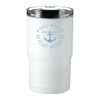 A drink bottle in white with a clear lid and a logo. It’s a 400ml vacuum tumbler suitable for travel.