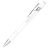 A white ballpoint pen with a silver clip and accents, featuring a logo. Ideal for writing and promotional use.