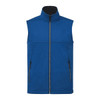 A blue, eco waterproof softshell vest with a high collar and zippered pockets, featuring a logo on the chest.