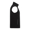 A black eco waterproof softshell vest featuring a high collar and side zip pocket. It has a logo on the fabric.