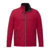 A red softshell jacket featuring a zippered front and pockets, with a high collar and a logo on the chest.