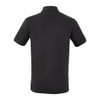 A black men's performance eco polo shirt with a collared neck and short sleeves. It features a logo.