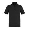 A black men's polo shirt with a collar, short sleeves, and a logo on the chest area.