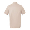 A beige men's polo shirt with a classic collar and short sleeves, featuring a logo on the back.