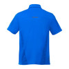 A blue men's polo shirt with short sleeves and a logo, featuring a sporty design on the back.