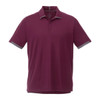 A maroon short sleeve polo shirt with grey accents and a logo on the chest.