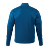 A blue men's performance jacket with thumb holes and a textured back, featuring a logo.