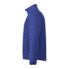 A blue men's lightweight packable insulated puffer jacket displayed from the side, featuring a collar and zipped pockets.